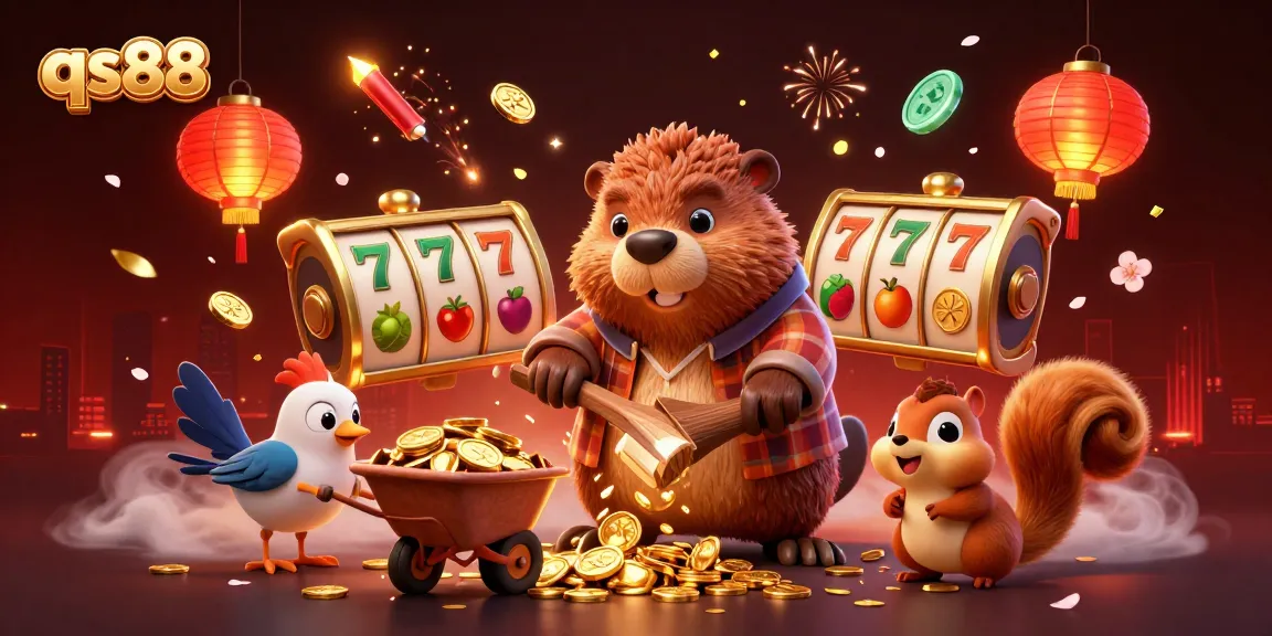 Experience the thrill of qs88 with vibrant slots and gold coins raining down in this dynamic casino scene.