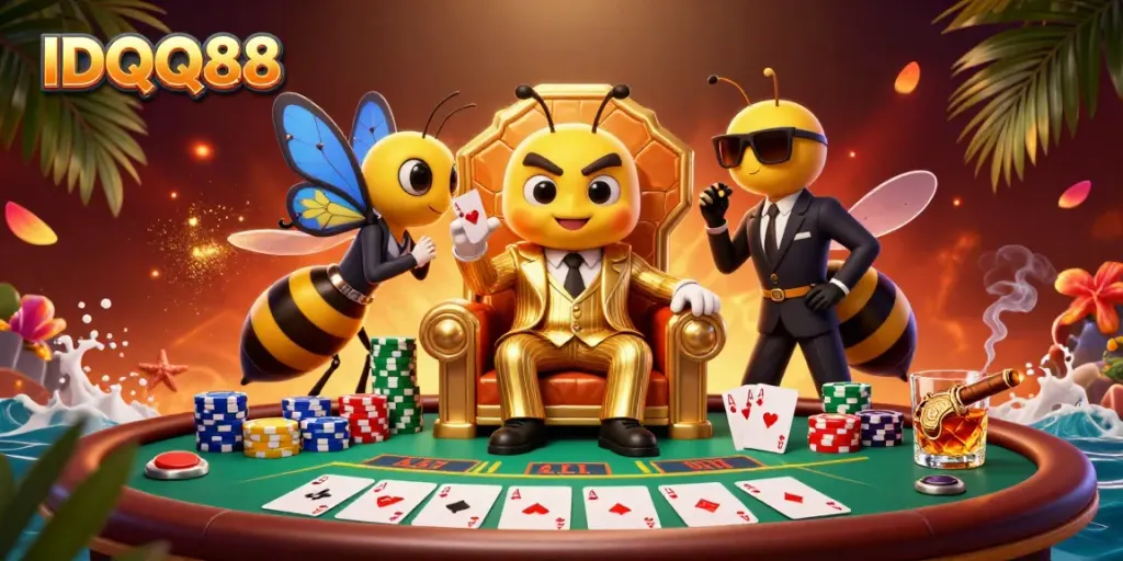 Engage with IDQQ88 in this vibrant 3D illustration of a lively casino scene featuring a mob boss and poker elements.