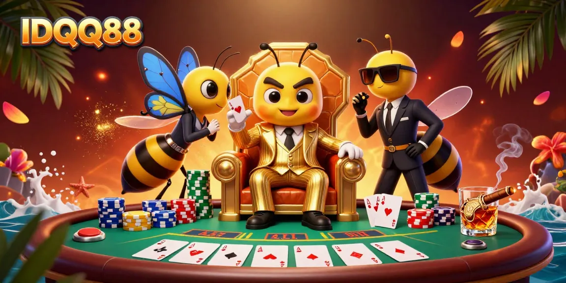 Engage with IDQQ88 in this vibrant 3D illustration of a lively casino scene featuring a mob boss and poker elements.