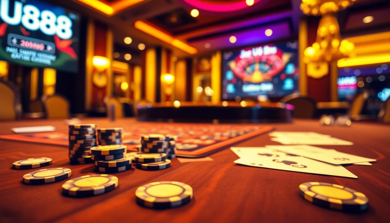 Experience thrilling gameplay at U888's luxurious casino table with vibrant poker chips and cards.