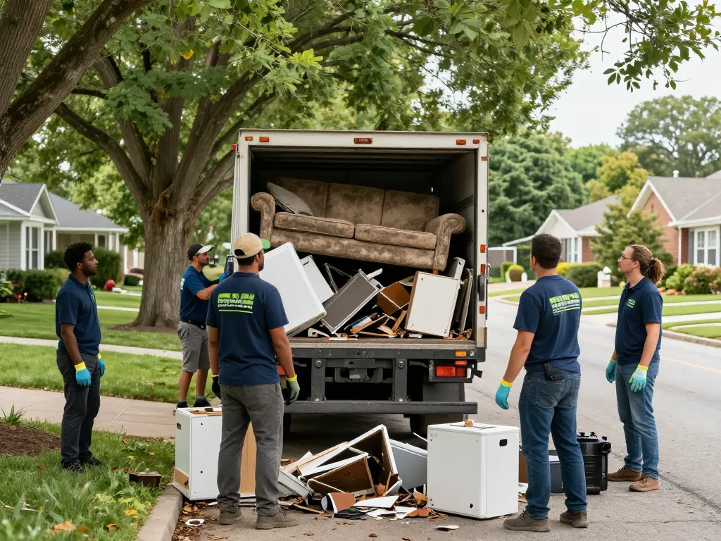 JUNK REMOVAL SERVICES team efficiently hauling away old furniture and appliances in a suburban neighborhood.