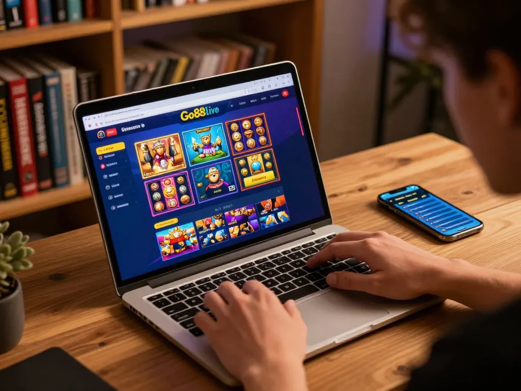 Player engaging with go88live app for exciting online casino gaming experience at home.