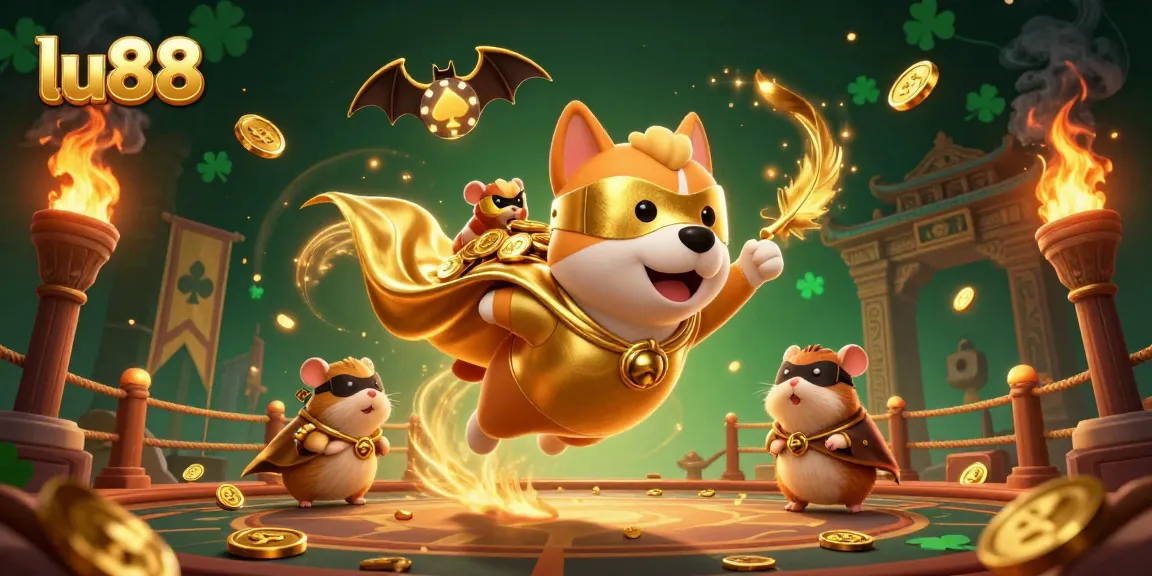 Experience the excitement at lu88 with a dynamic illustration of a superhero dog and sidekick in a vibrant casino-themed environment.
