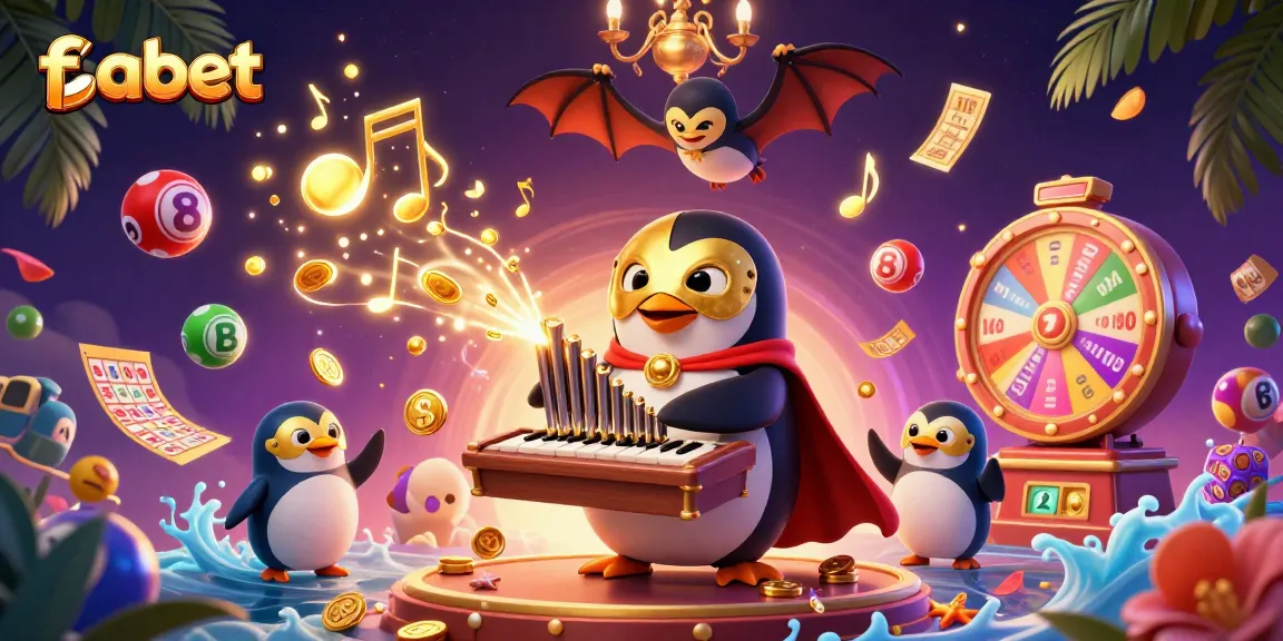 Experience winning excitement with fabet through a dynamic 3D casino scene featuring a penguin and vibrant game elements.