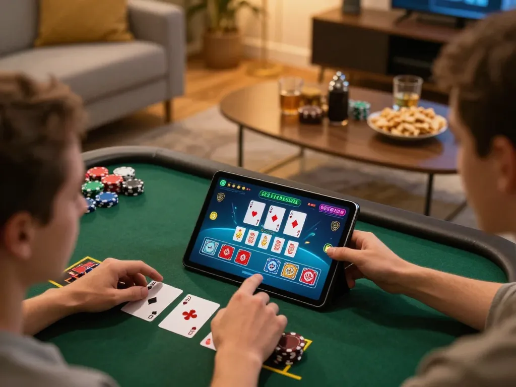 FLY88 player enjoys an engaging blackjack session on a tablet in a cozy home setting.