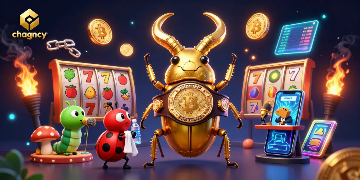 Experience the excitement of bonus buy slots with chagency's colorful 3D illustration featuring a golden stag beetle and vibrant casino elements.