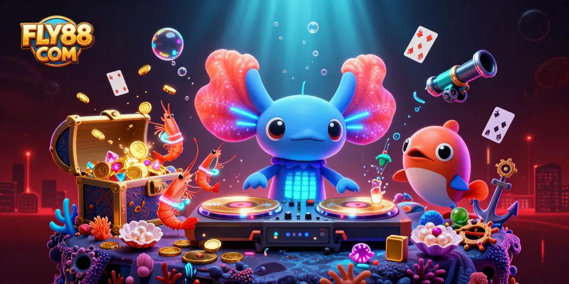 Engage in thrilling gameplay at FLY88 COM, featuring dynamic underwater characters and vibrant casino elements.