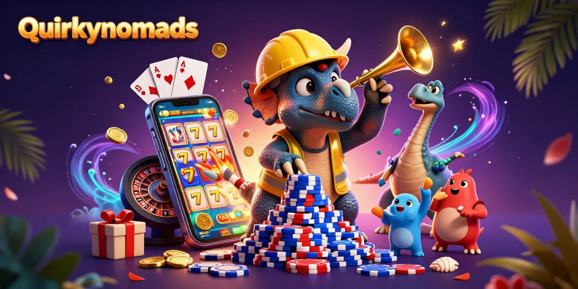 quirkynomads celebrate with colorful slots, poker chips, and cheerful dinosaurs in a dynamic casino scene