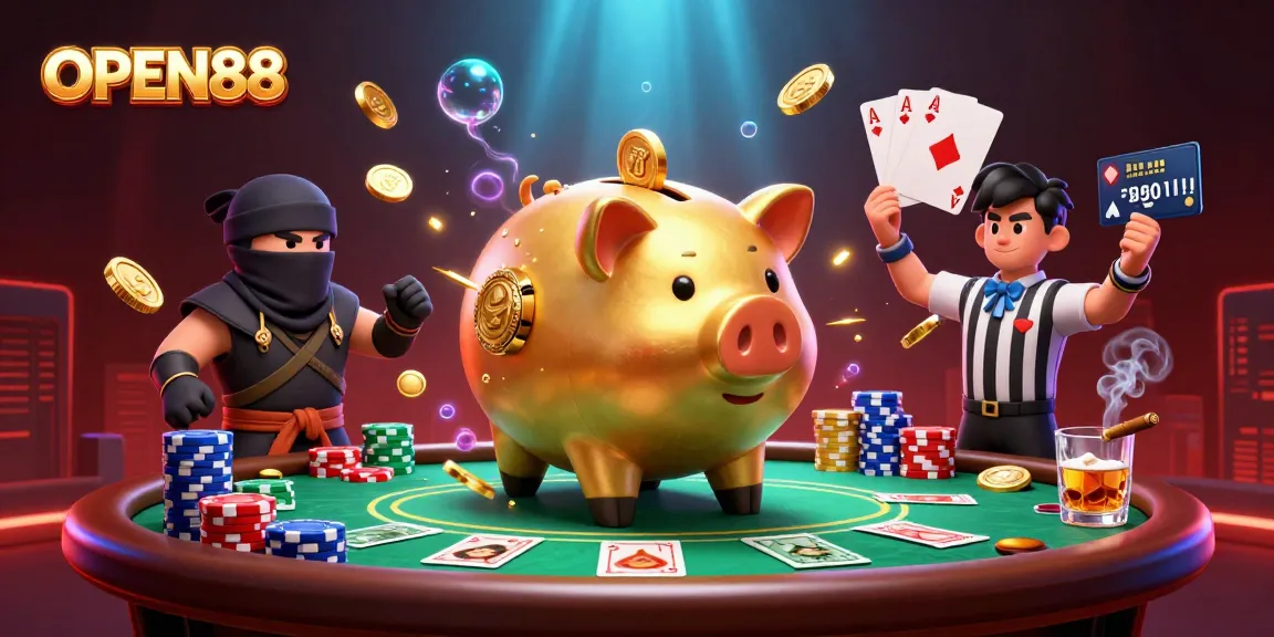 Enjoy thrilling gameplay at OPEN88 while witnessing a dynamic 3D illustration of playful characters and rich casino elements.