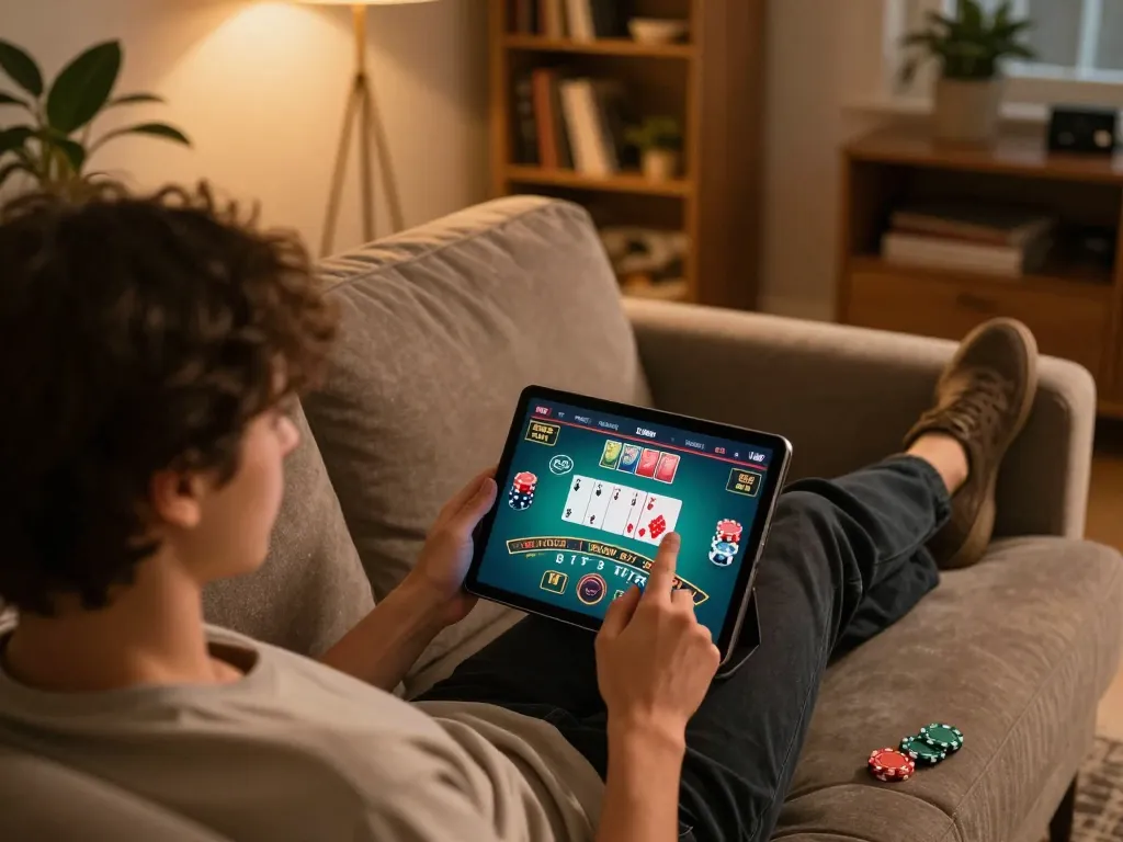 Engaging in online blackjack at 32win with tablet in a cozy living room.