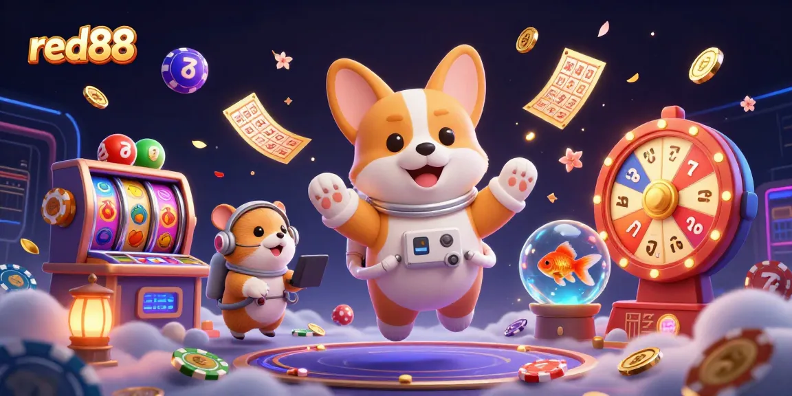 Floating through the galaxy, the red88 astronaut corgi enjoys vibrant casino adventures with dazzling slot reels and colorful tokens.