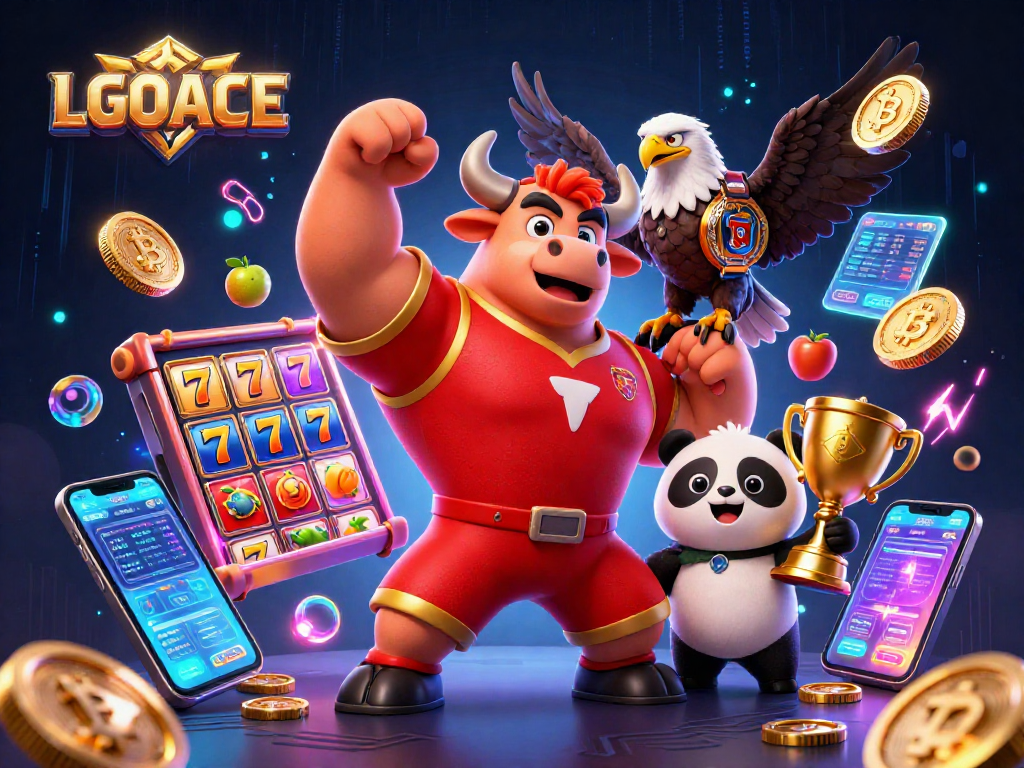 LGOACE presents an exciting slot gaming scene featuring a victorious bull mascot with a trophy, amidst vibrant slot reels and crypto elements.