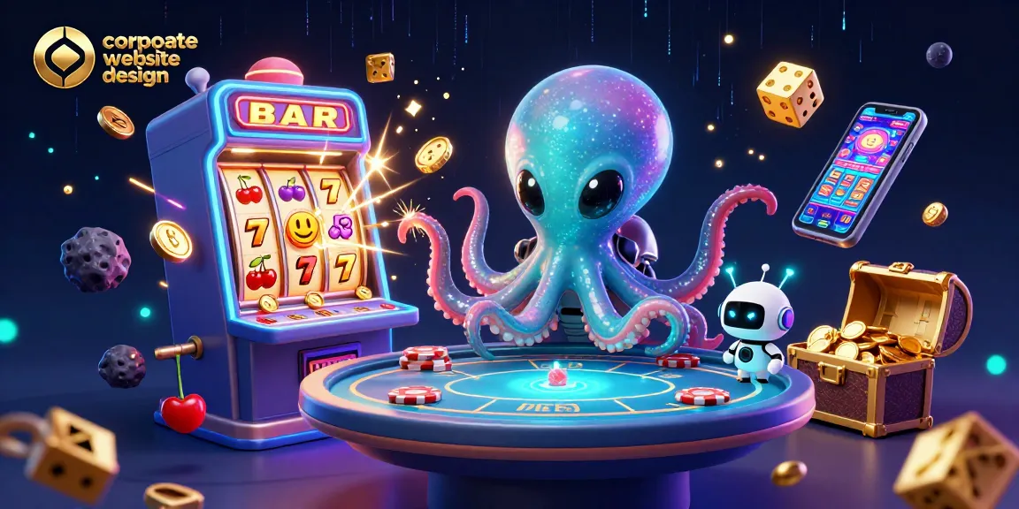 Engage with dynamic corporate website design featuring a thrilling casino scene with an alien octopus and poker elements