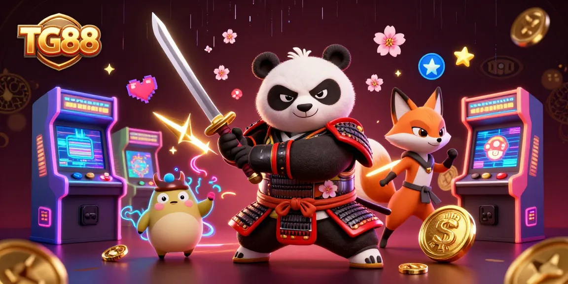 Engage with TG88 by exploring vibrant casinos and game strategies featuring animated samurai panda, fox, and tanuki.