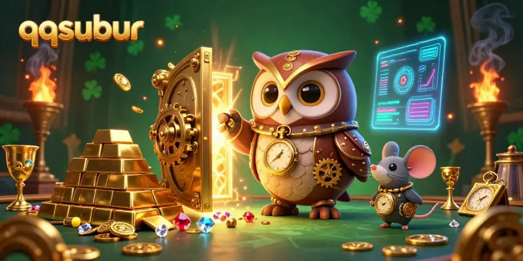 Experience the thrill of betting with qqsubur as animated characters explore a vibrant casino world filled with treasures.