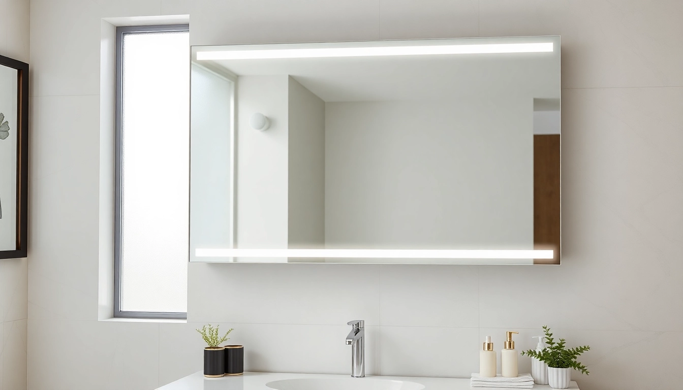 Admire this elegant bathroom mirror enhancing a stylish modern setting with integrated lighting.