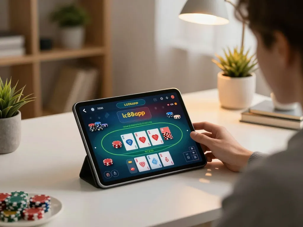 Playing exciting card game on lc88app tablet in a cozy home setting with warm ambient lighting