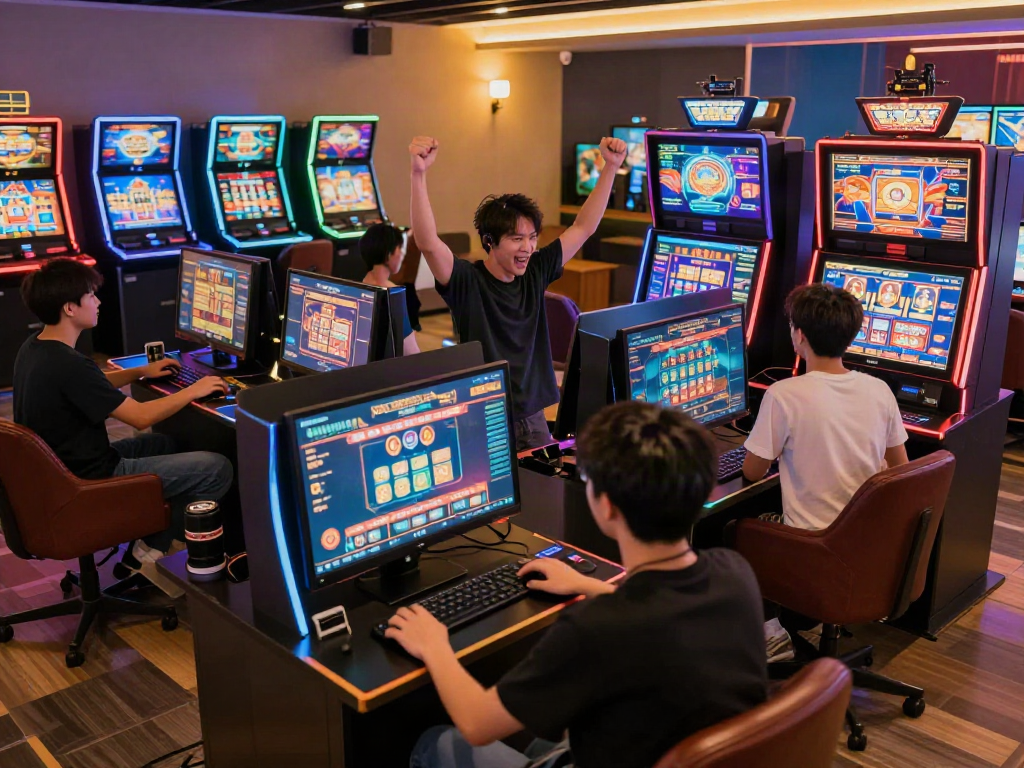 Players enjoying a thrilling gaming experience at Bro138's high-availability hub, celebrating wins with colorful digital screens.