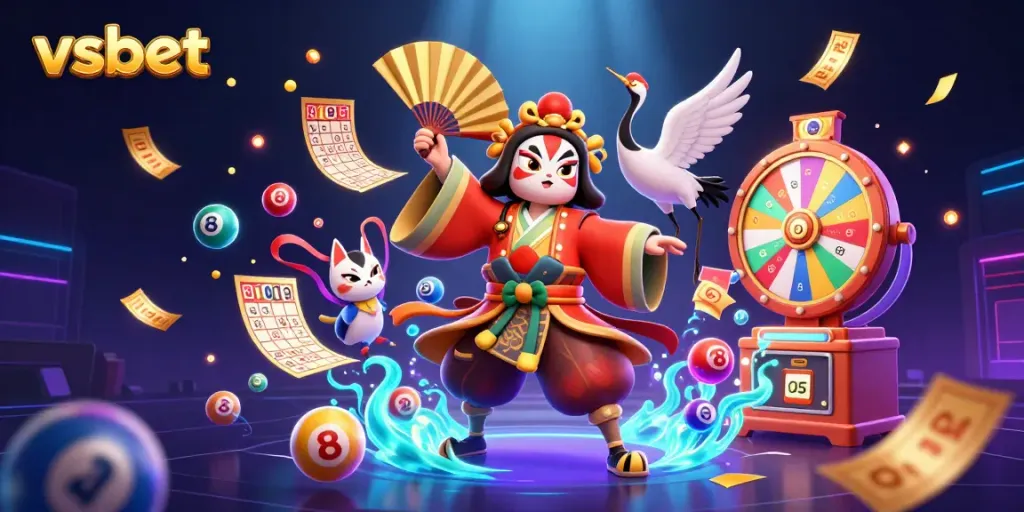 Engage in gambling excitement with vsbet's vibrant 3D illustration featuring kabuki warrior and lottery elements.