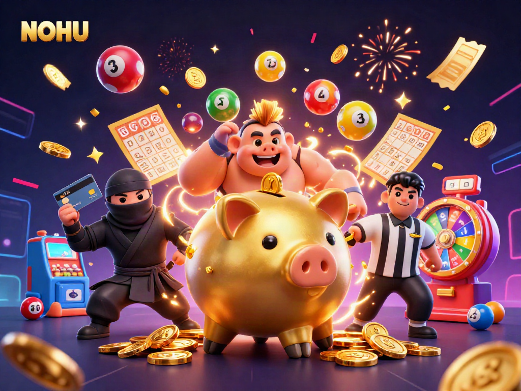 Experience exciting gameplay with NOHU's vibrant casino scene featuring dynamic characters and colorful graphics.