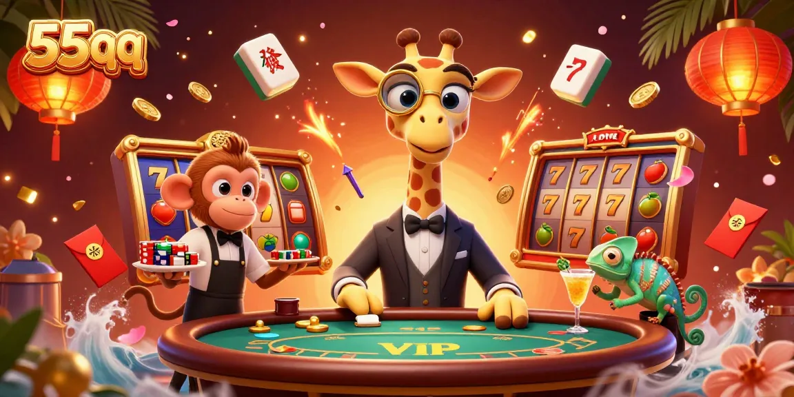 Experience thrilling gameplay with 55qq's vibrant 3D casino scene featuring high-stakes characters and lucky symbols.