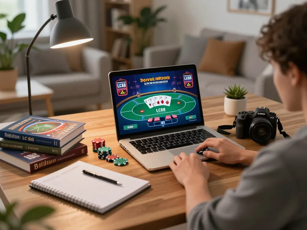 Engaging in online poker strategy at LC88 with cozy home decor and strategic notes.