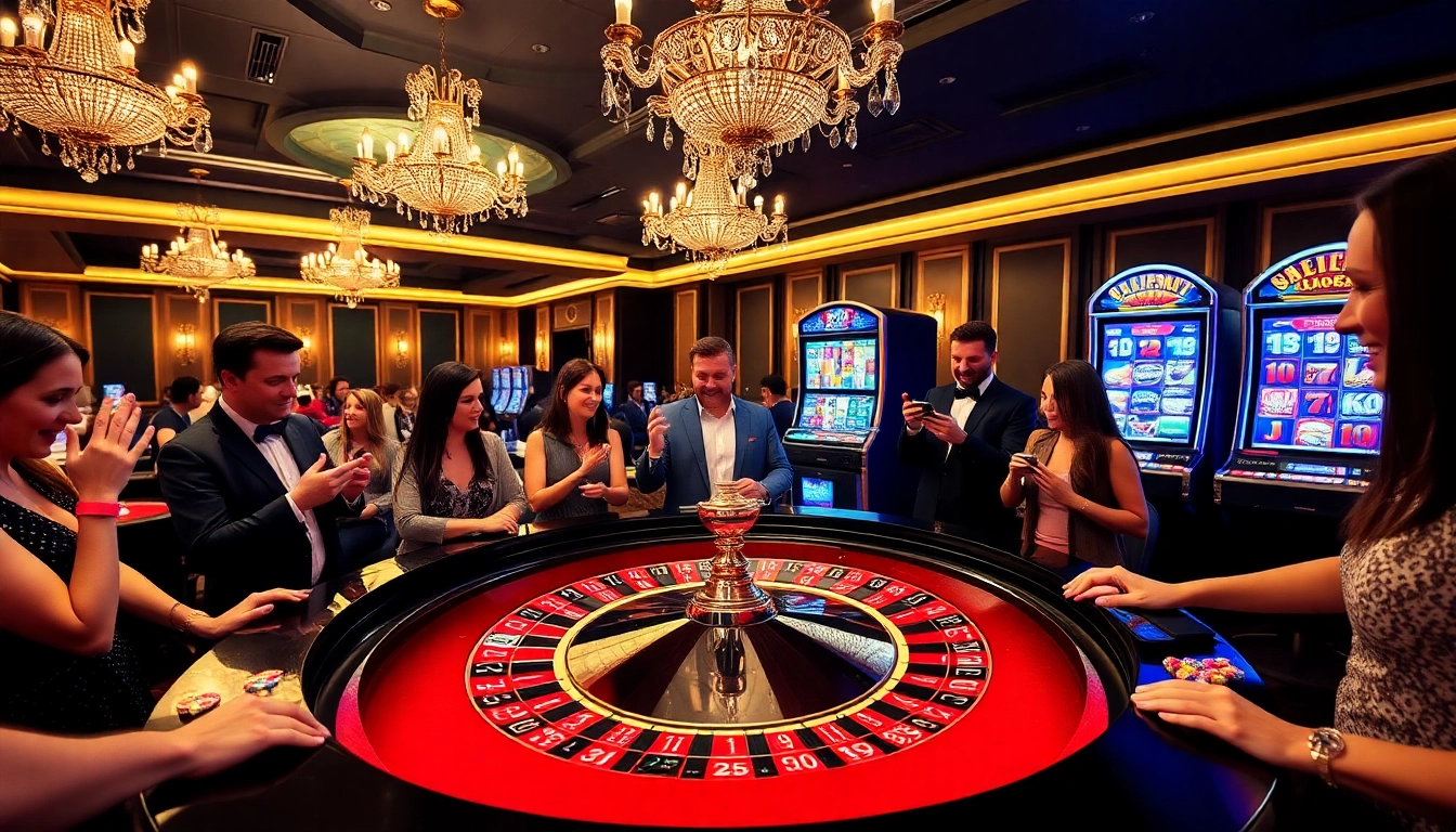 Excited players at 32WIN engage with a roulette table in a luxurious casino setting.