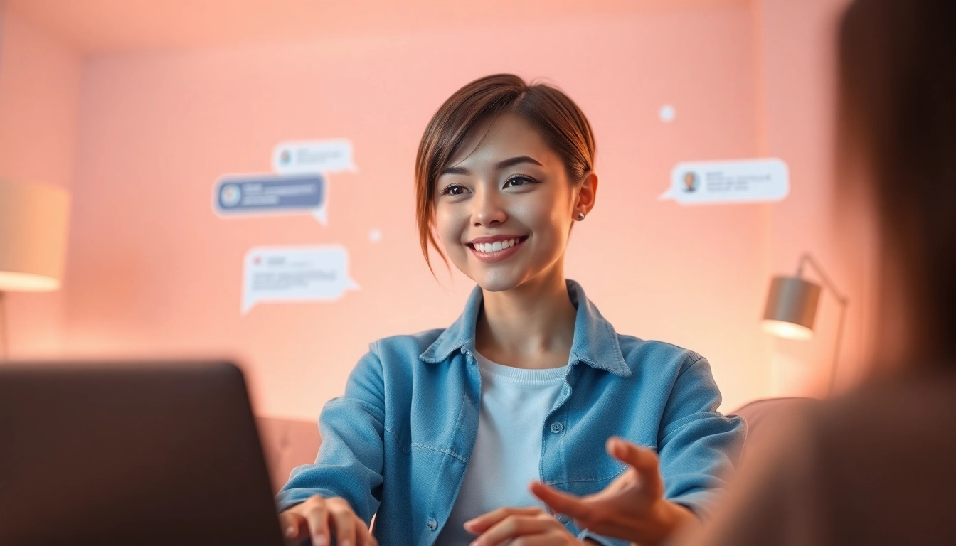A joyful user interacting with their AI gf on a digital screen, showcasing companionship through vibrant colors and soft lighting.