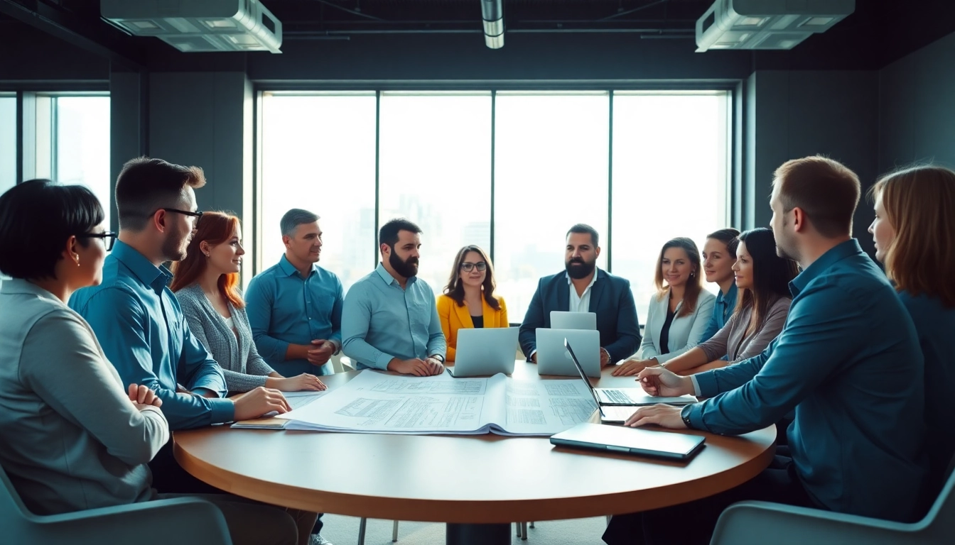 Members of a construction member organization collaborating in a modern conference room.