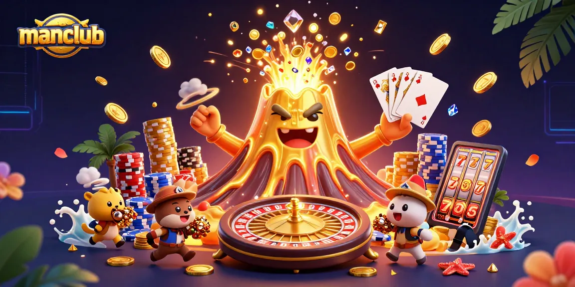 Experience winning at manclub with a triumphant volcano erupting coins and gems in this vibrant scene.