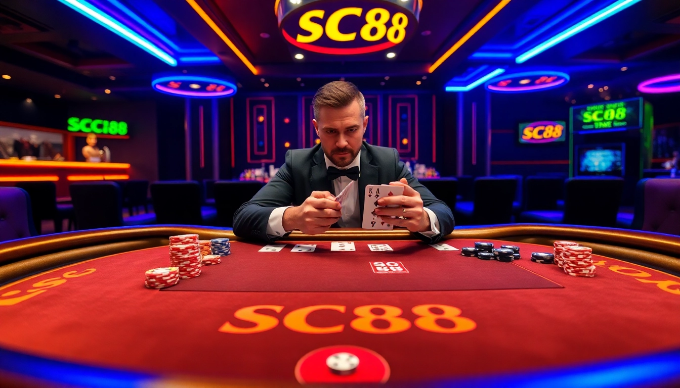 Experience SC88's thrilling casino action with vibrant poker tables, chips, and roulette.