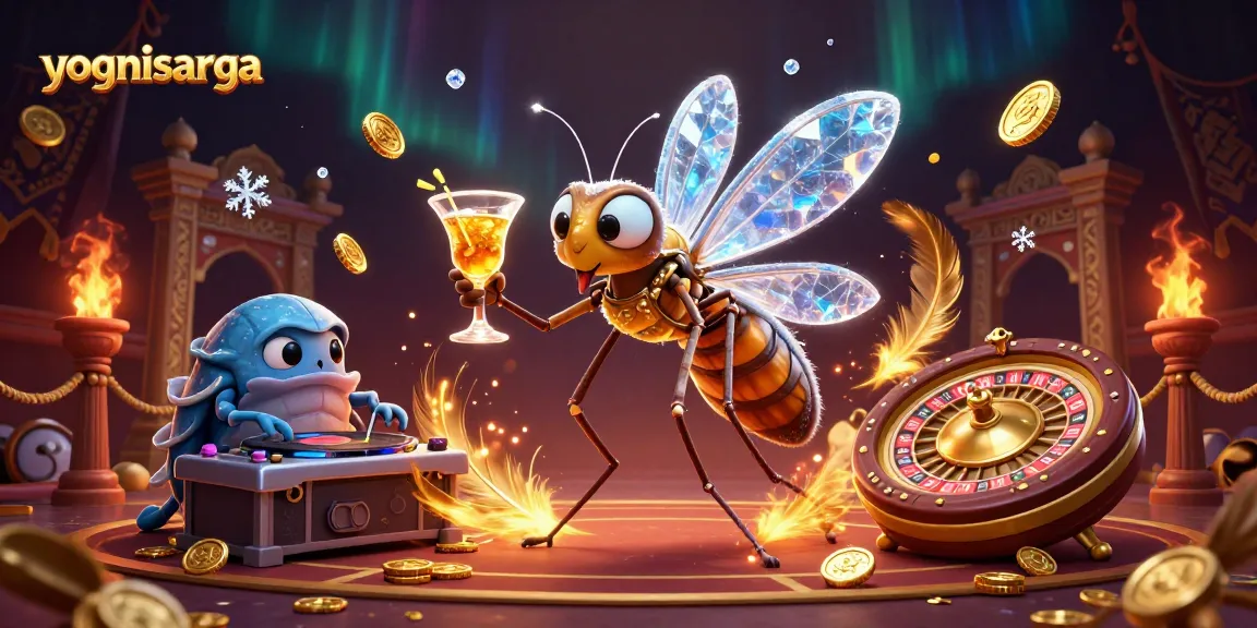 Experience yognisarga's vibrant casino atmosphere with a unique mascot scene of excitement.