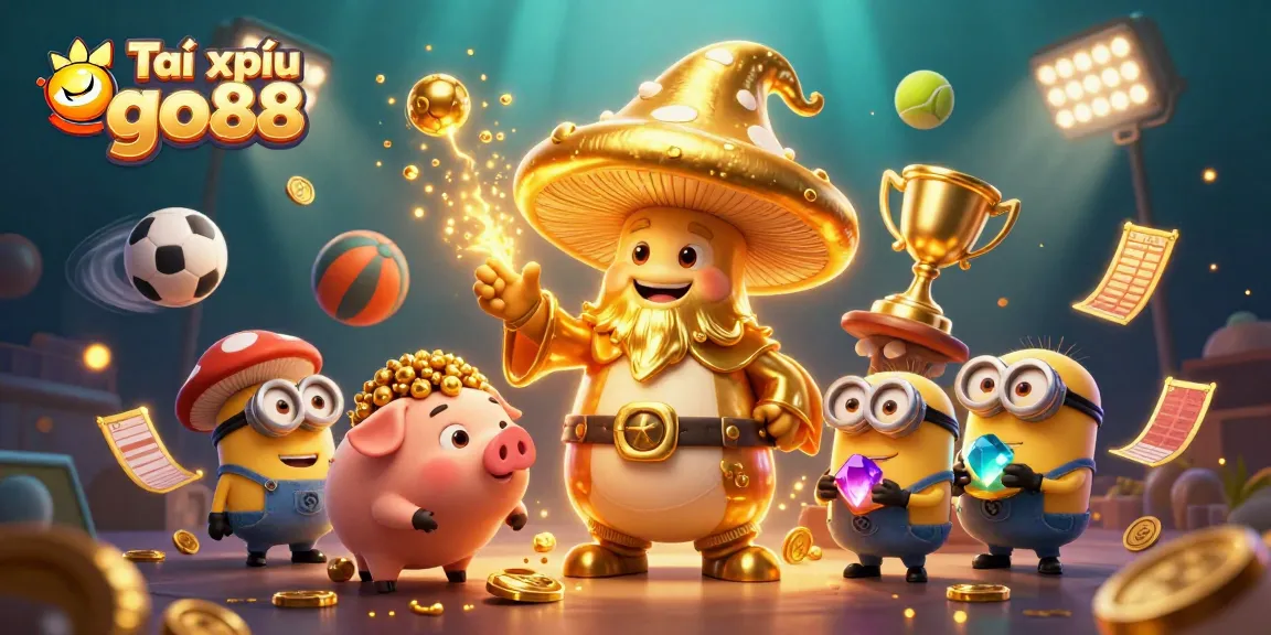 Engage in thrilling Tài xỉu go88 action with golden wizard characters and vibrant casino elements.