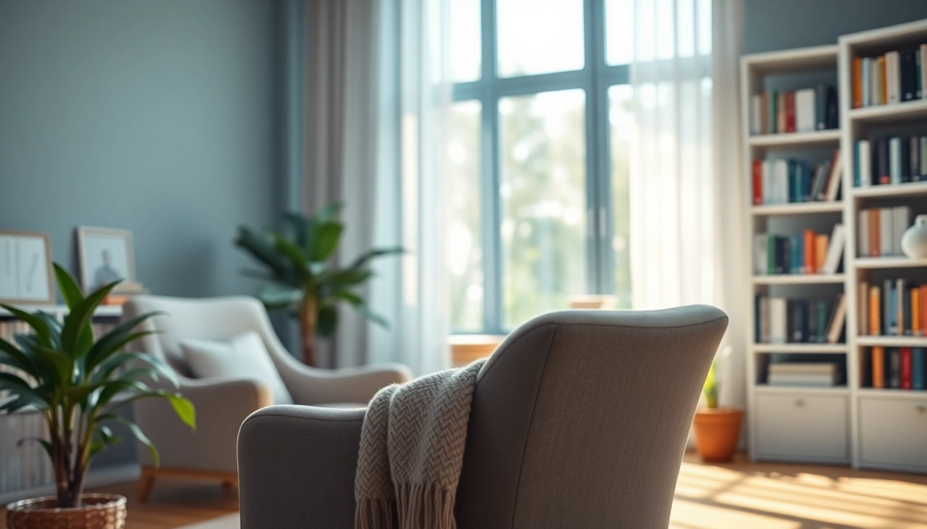 Helping individuals manage stress and anxiety in a serene therapy room.
