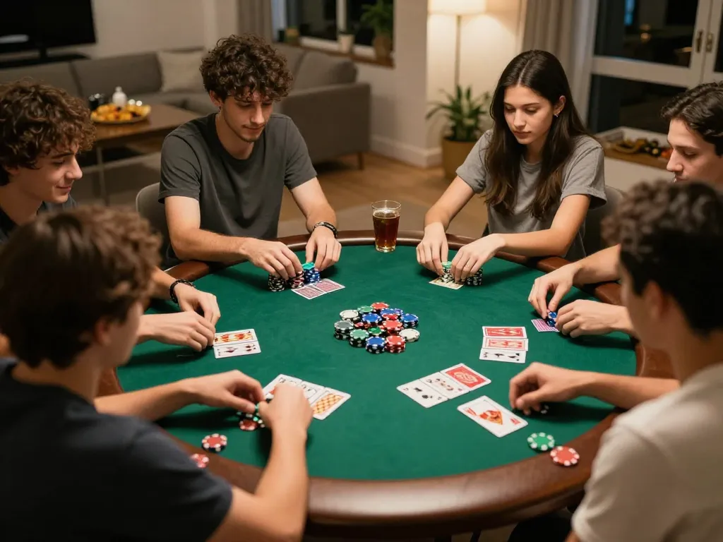 Amici che si divertono a una serata poker mentre interagiscono con siti scommesse non AAMS per un gioco divertente