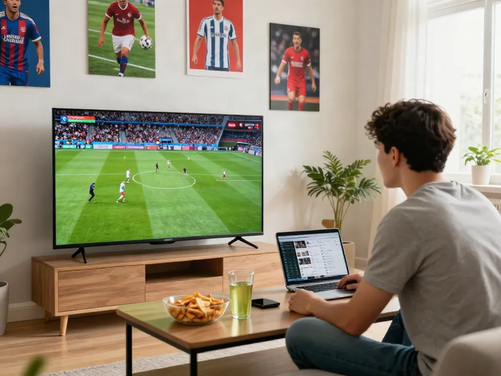 Football fan watching a live match on https://xoilactvlive.net/ in a cozy living room atmosphere.