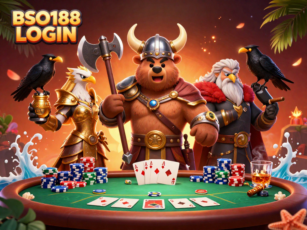 Experience thrilling poker action with BSO188 LOGIN in this vibrant 3D illustration with Viking characters.