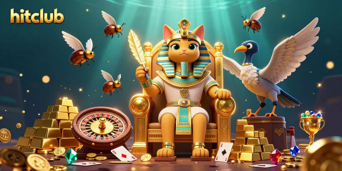 Experience the vibrant world of hitclub with a pharaoh cat amid casino riches.