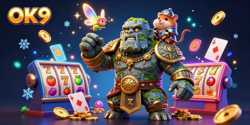 Experience the excitement of OK9, where a magical golem, fairy, and hamster knight celebrate dynamic casino adventures.