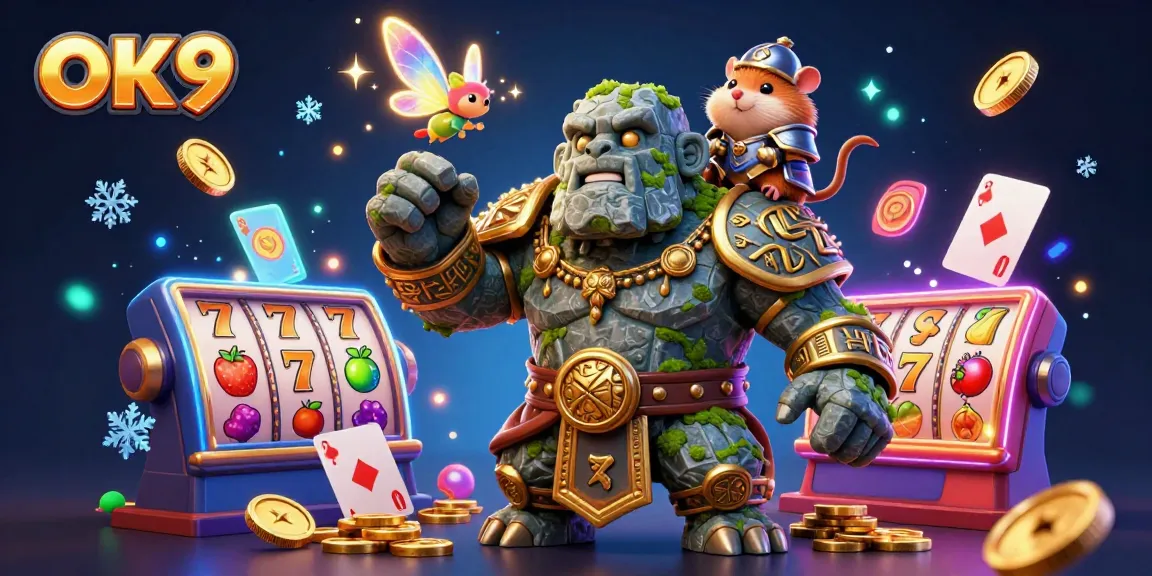 Experience the excitement of OK9, where a magical golem, fairy, and hamster knight celebrate dynamic casino adventures.