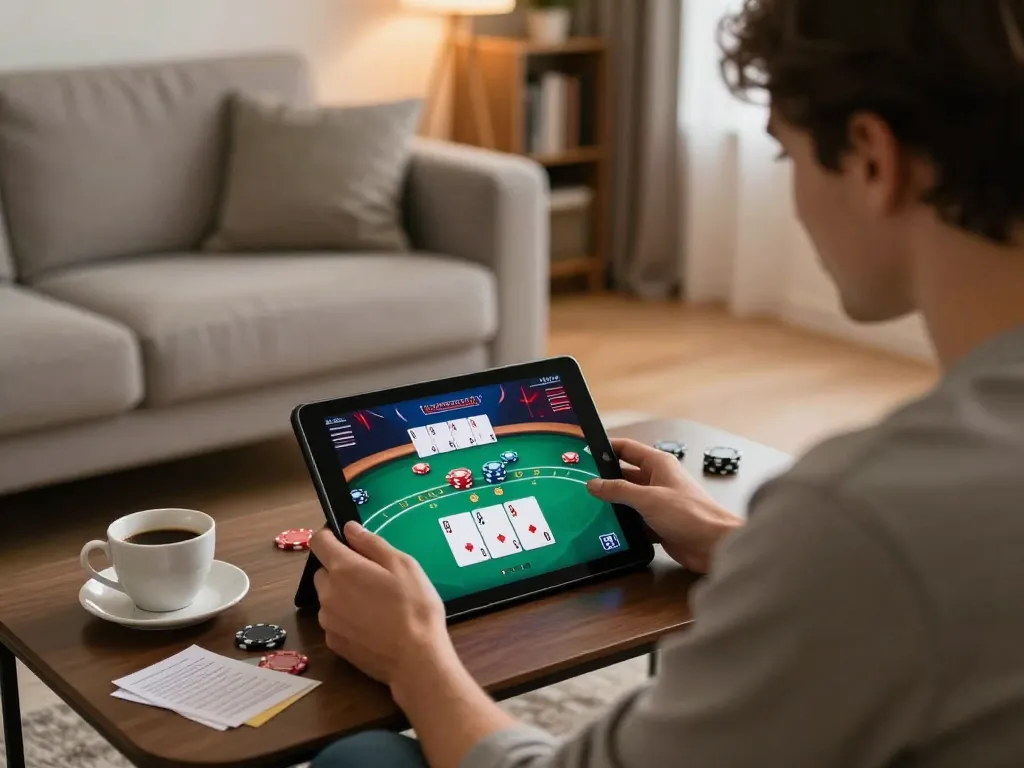 Gambling enthusiast enjoying GG88 online poker game while tracking strategy notes at home.