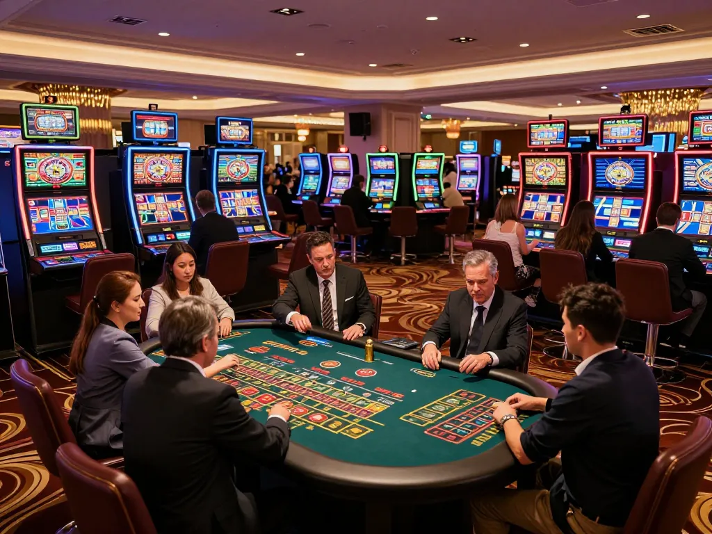 Players enjoying dynamic gameplay at tr88 casino with vibrant slot machines and roulette table.