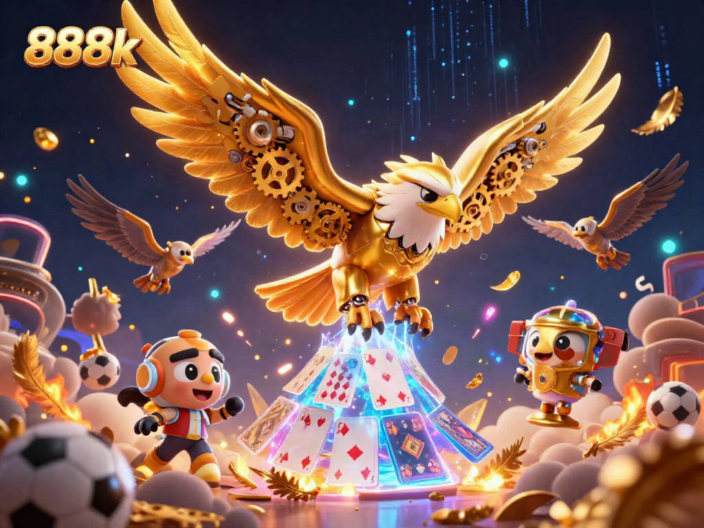 Experience betting excitement with the 888k cybernetic eagle amidst dynamic sports elements.