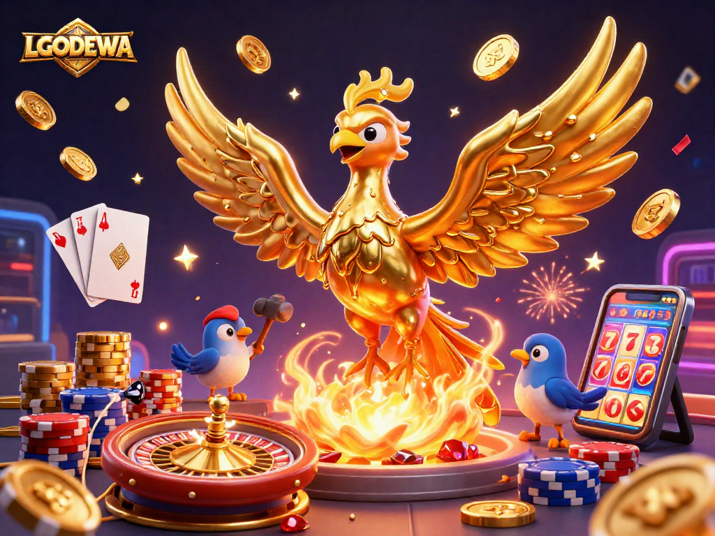 Engage in fun with LGODEWA's golden phoenix, coins, and casino elements bursting with energy.
