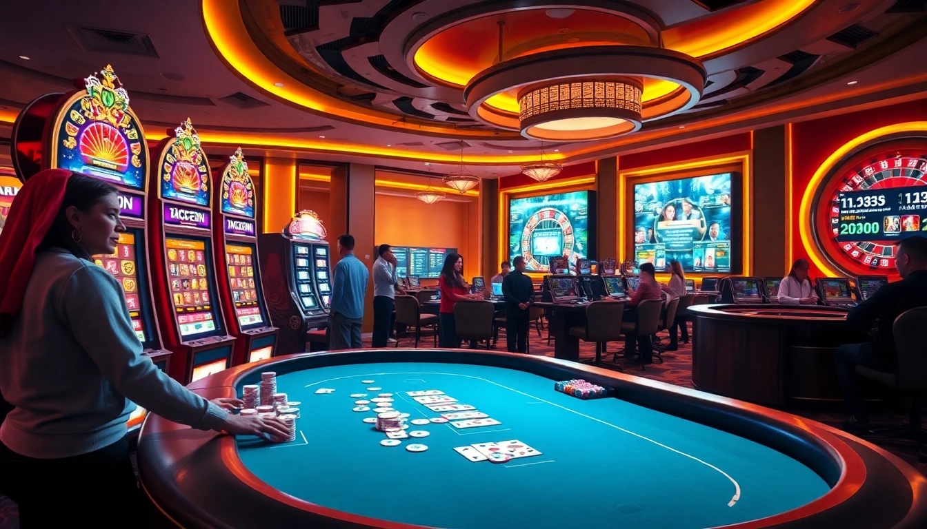 Players enjoying games at OK365 casino with dynamic visuals of slots and poker activities.