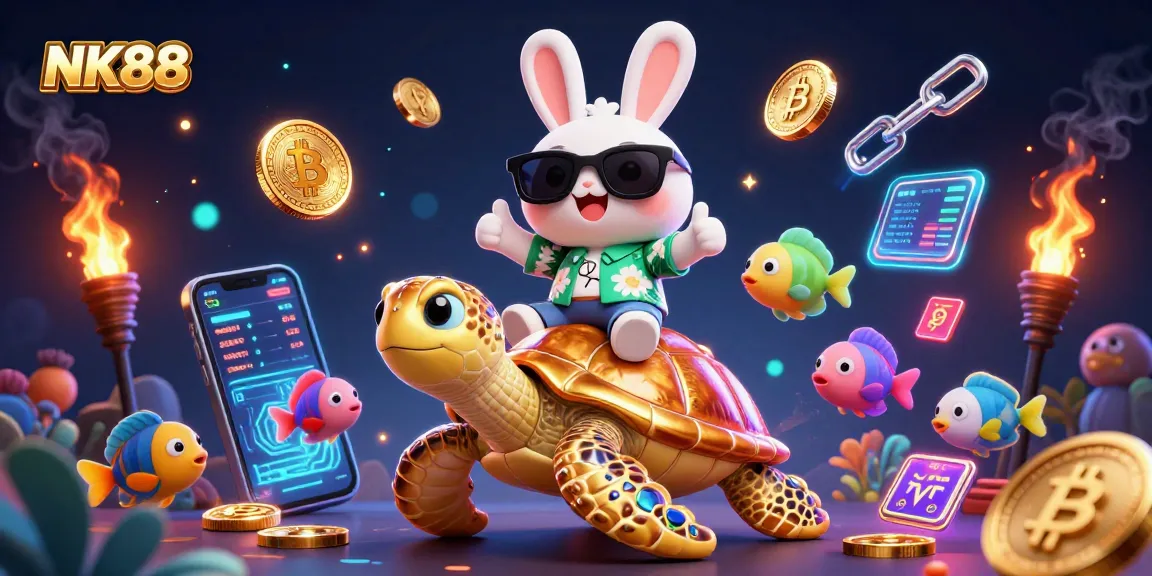 Join NK88's exciting adventure with a lucky rabbit and golden turtle in a vibrant casino world.