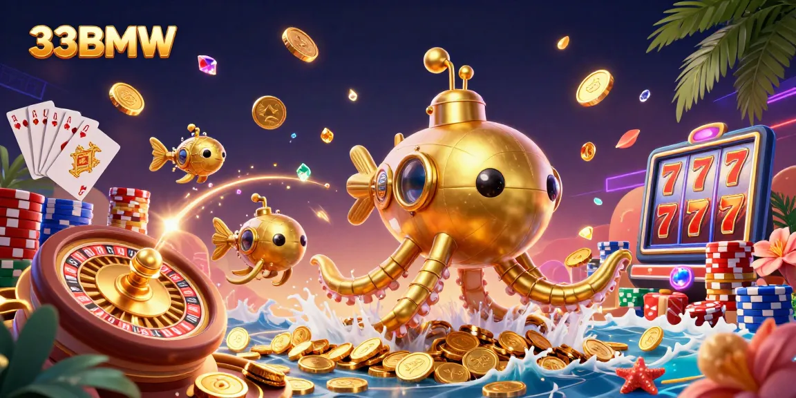 Engage in excitement with 33BMW's vibrant casino world filled with gold coins and gaming elements.
