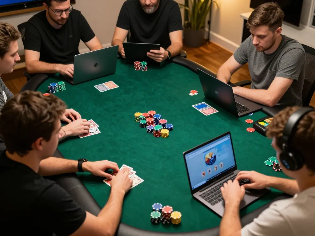 LC88 players passionately strategizing in an online poker game with vibrant chips and cards.