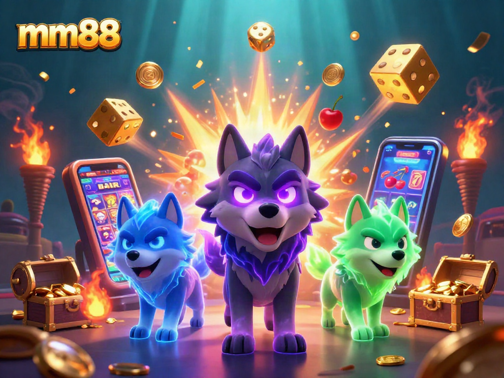 Engage with mm88's vibrant casino gaming scene featuring a shadow wolf leader and dynamic slot elements.