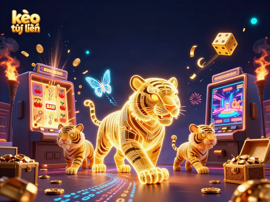Engage with kèo trực tuyến in a vibrant 3D casino landscape, featuring a golden tiger amidst overflowing slots and holographic butterflies.